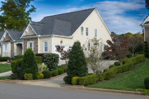 Cute suburban home on a street lined by trees.